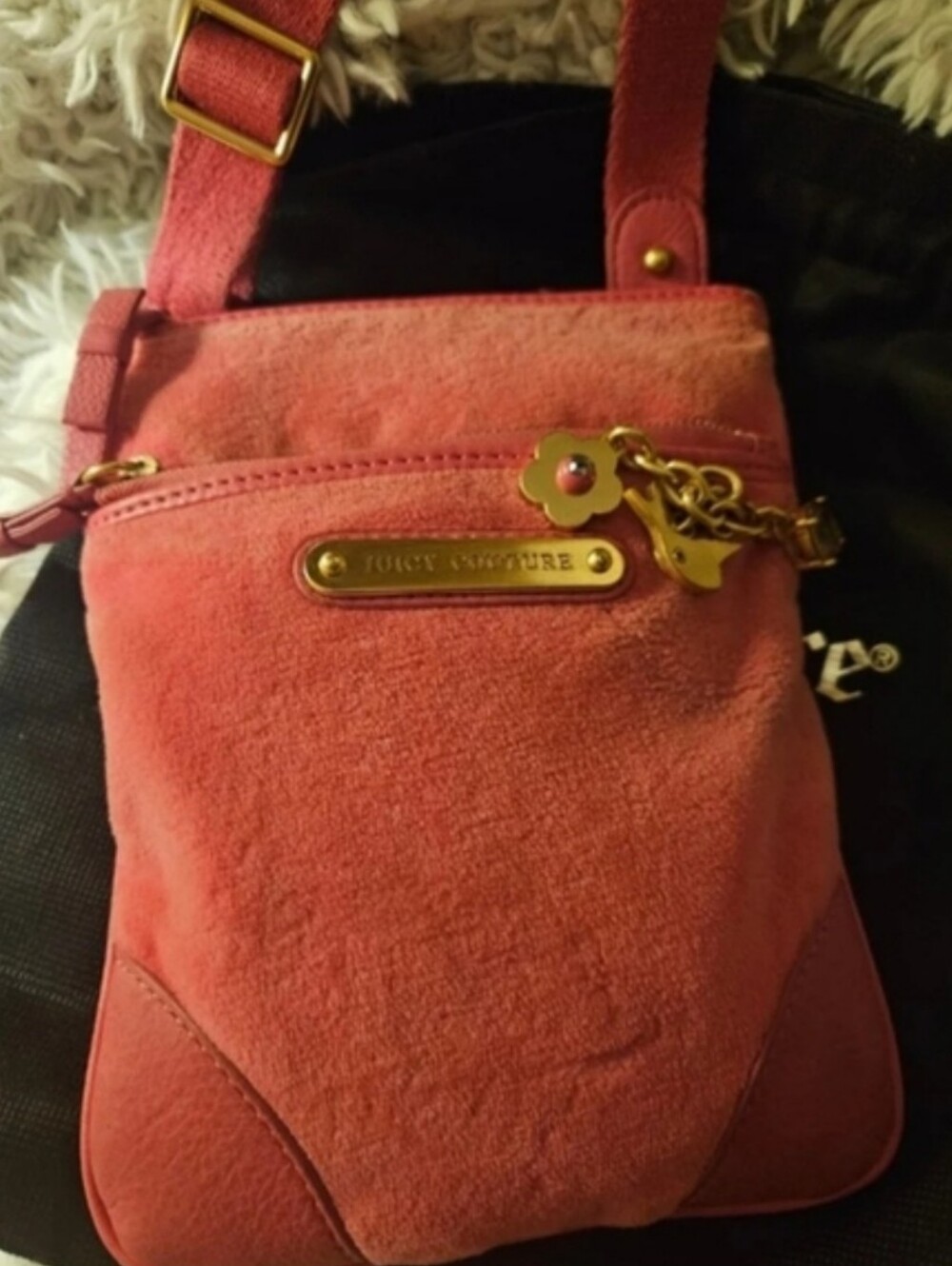 Juicy Couture Y2K Vibrant Pink Velour Crossbody with Gold Juicy Charms